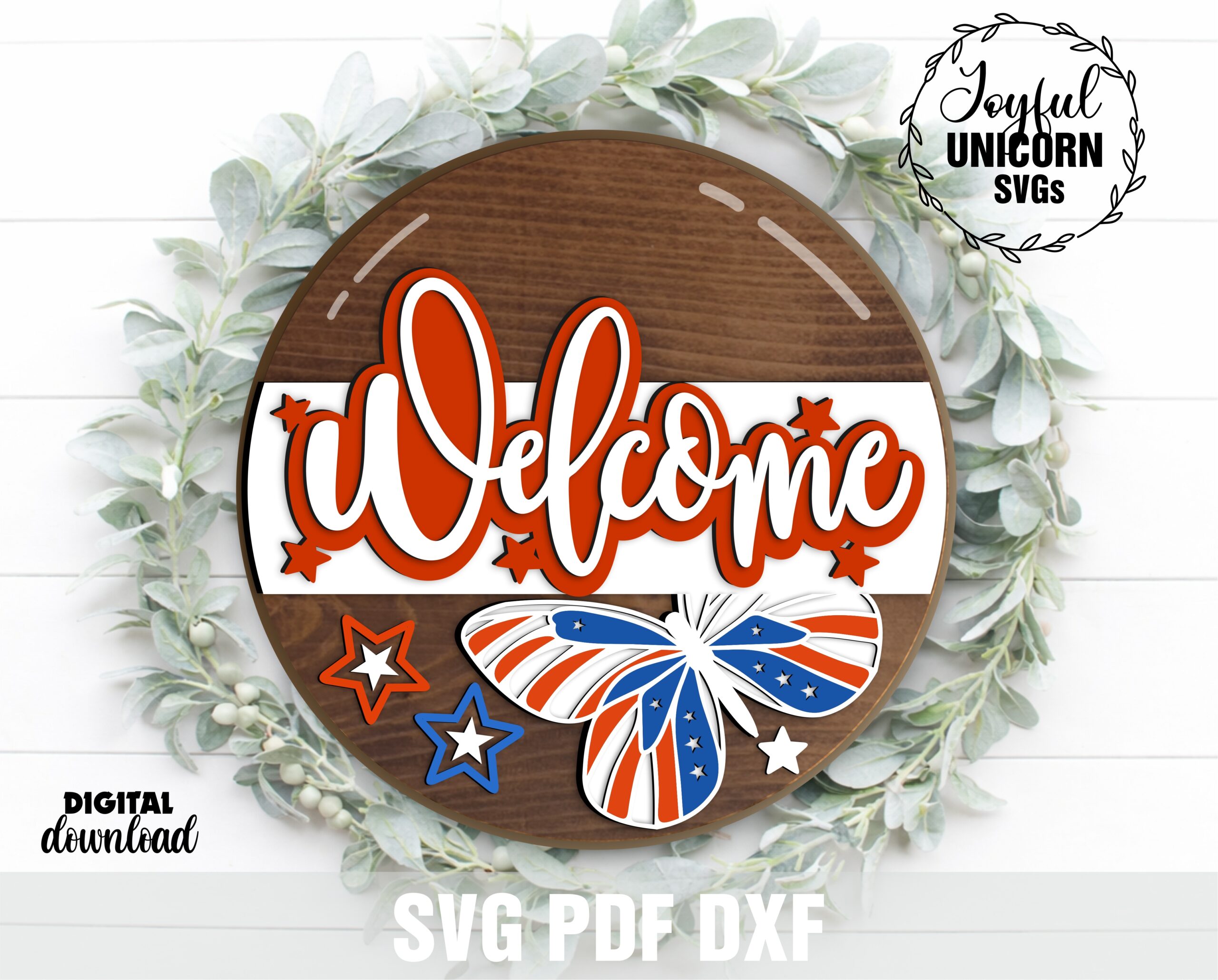 Patriotic welcome SVG with butterfly and stars, 4th of July round door hanger laser cut design for wood sign decor