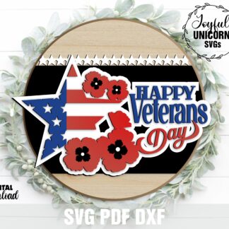 Happy Veterans Day round SVG sign with patriotic star and red poppy flowers for laser cut door hanger tribute decor