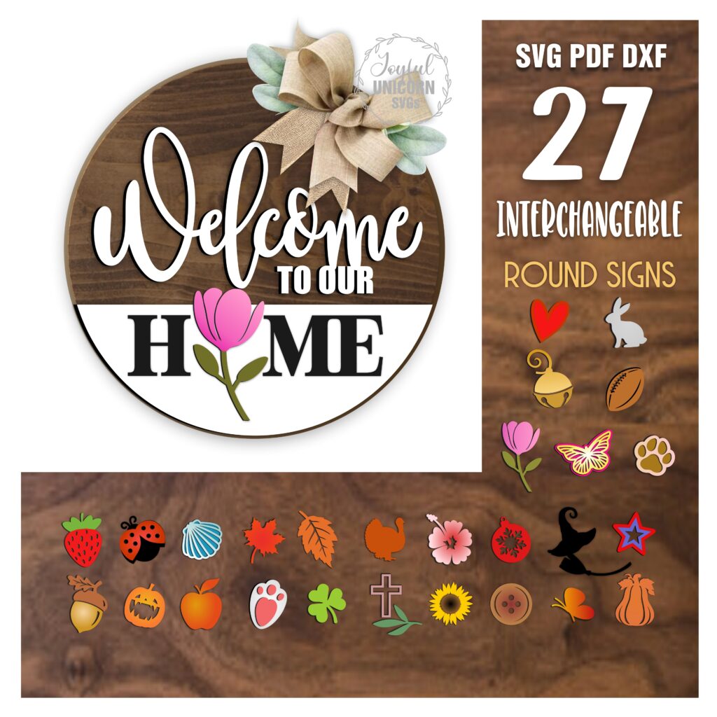 Welcome Sign SVG Bundle, 27 Interchangeable Round Door Signs Laser Cut ...