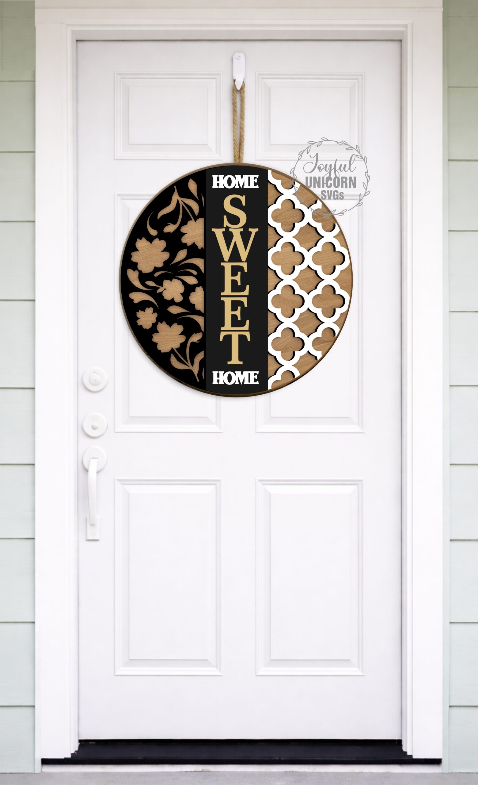 Home Sweet Home Vertical Sign SVG, Modern Floral Round Laser Cut File, Door Hanger SVG PDF DXF Wood - Image 4