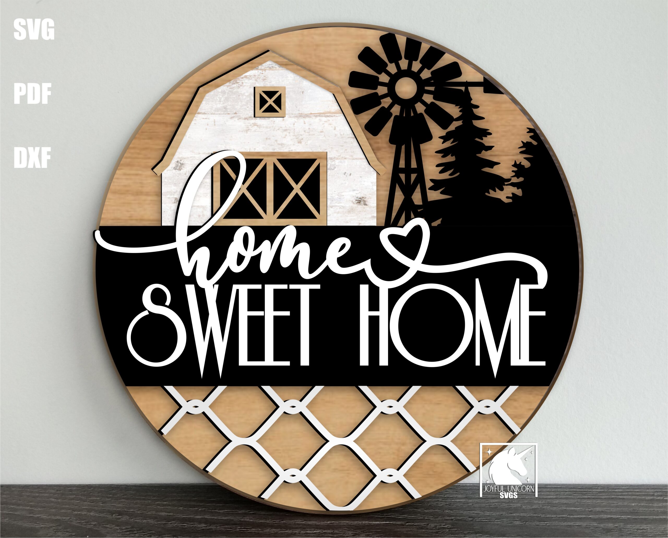 Home Sweet Home Barn SVG, Farmhouse Windmill Round Sign Laser Cut File, Farm Door Hanger SVG, Glowforge, CNC Ready File