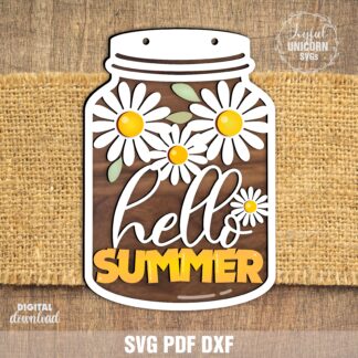 Hello Summer Daisy Mason Jar layered SVG laser cut file for wood signs, door hangers and farmhouse summer decor — digital download SVG PDF DXF