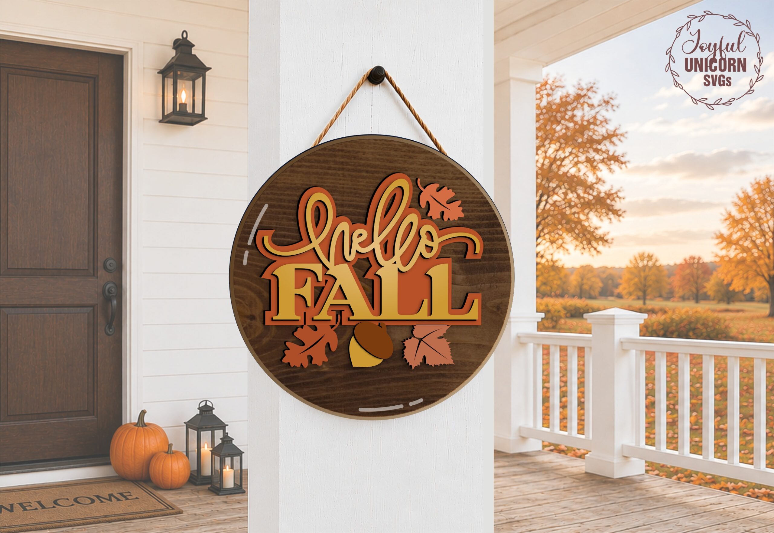 Hello Fall SVG Laser Cut Round Door Hanger, Acorn Leaf Wood Sign Digital Download for Glowforge, xTool, Cricut, DIY Fall Porch Decor - Image 2