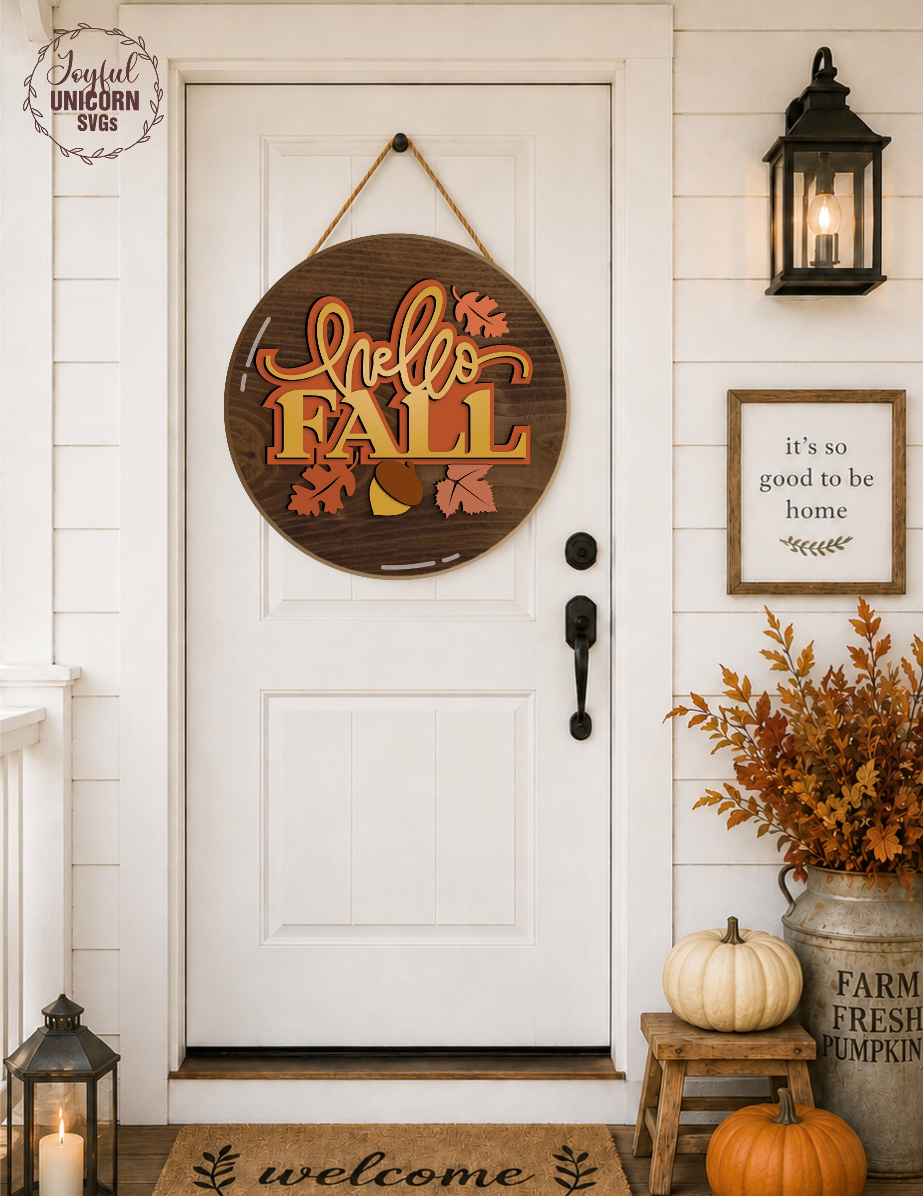 Hello Fall SVG Laser Cut Round Door Hanger, Acorn Leaf Wood Sign Digital Download for Glowforge, xTool, Cricut, DIY Fall Porch Decor - Image 3