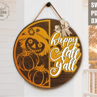 Happy Fall Y'all Scarecrow Round Door Hanger SVG Laser Cut File, Digital Download for Glowforge, xTool, Cricut, DIY Fall Porch Sign