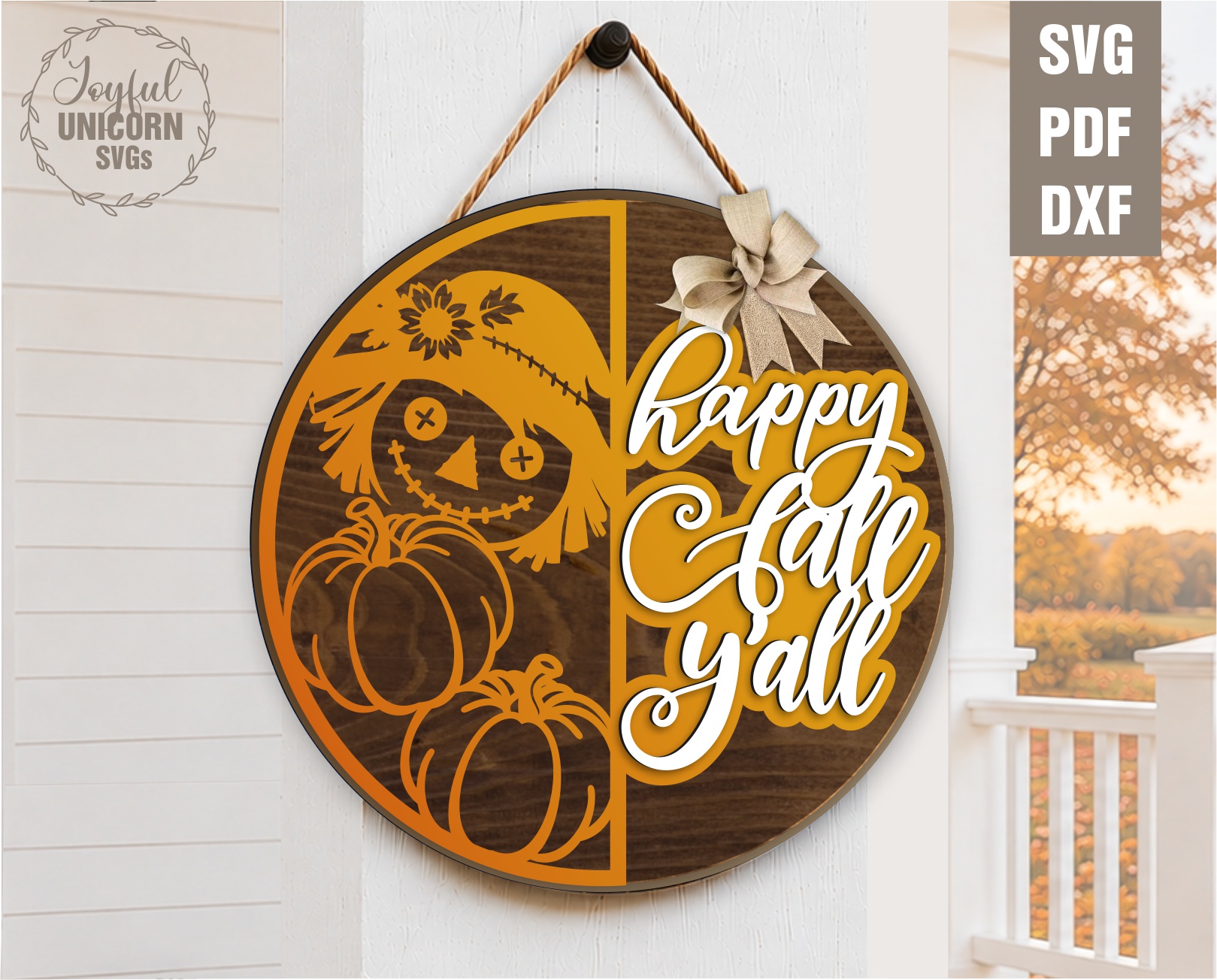 Happy Fall Y'all Scarecrow Round Door Hanger SVG Laser Cut File, Digital Download for Glowforge, xTool, Cricut, DIY Fall Porch Sign