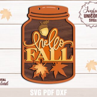 Hello Fall Mason Jar SVG Laser Cut Door Hanger, Autumn Sign Digital Download for Glowforge, xTool, Cricut, DIY Fall Wood Decoration