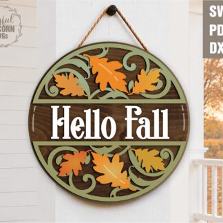 Hello Fall Leaves Door Hanger SVg File for Laser Cutting