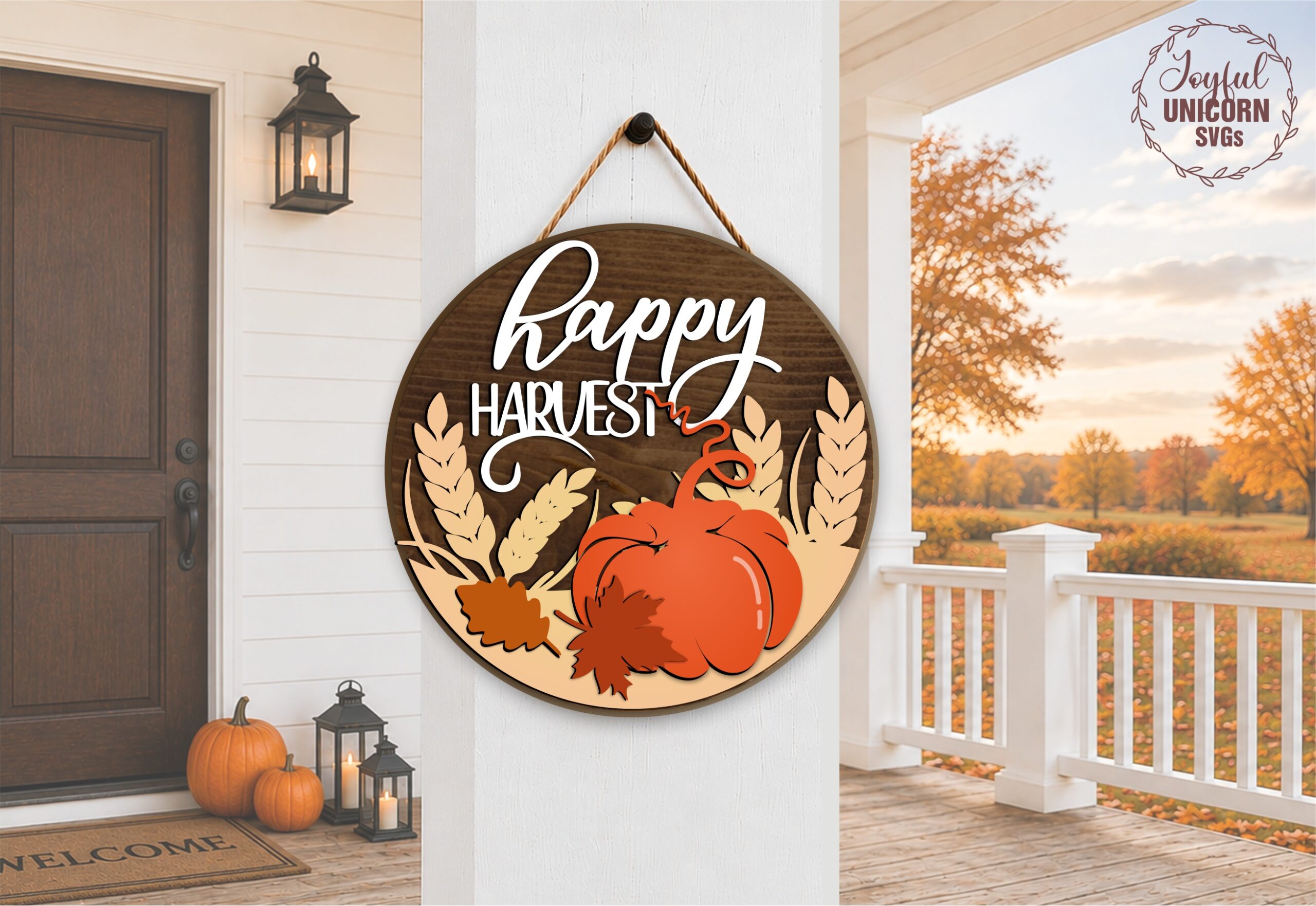 Happy Harvest Pumpkin Round Door Hanger SVG Laser Cut File, Fall Sign Digital Download for Glowforge, xTool, Cricut, DIY Autumn Decor - Image 2