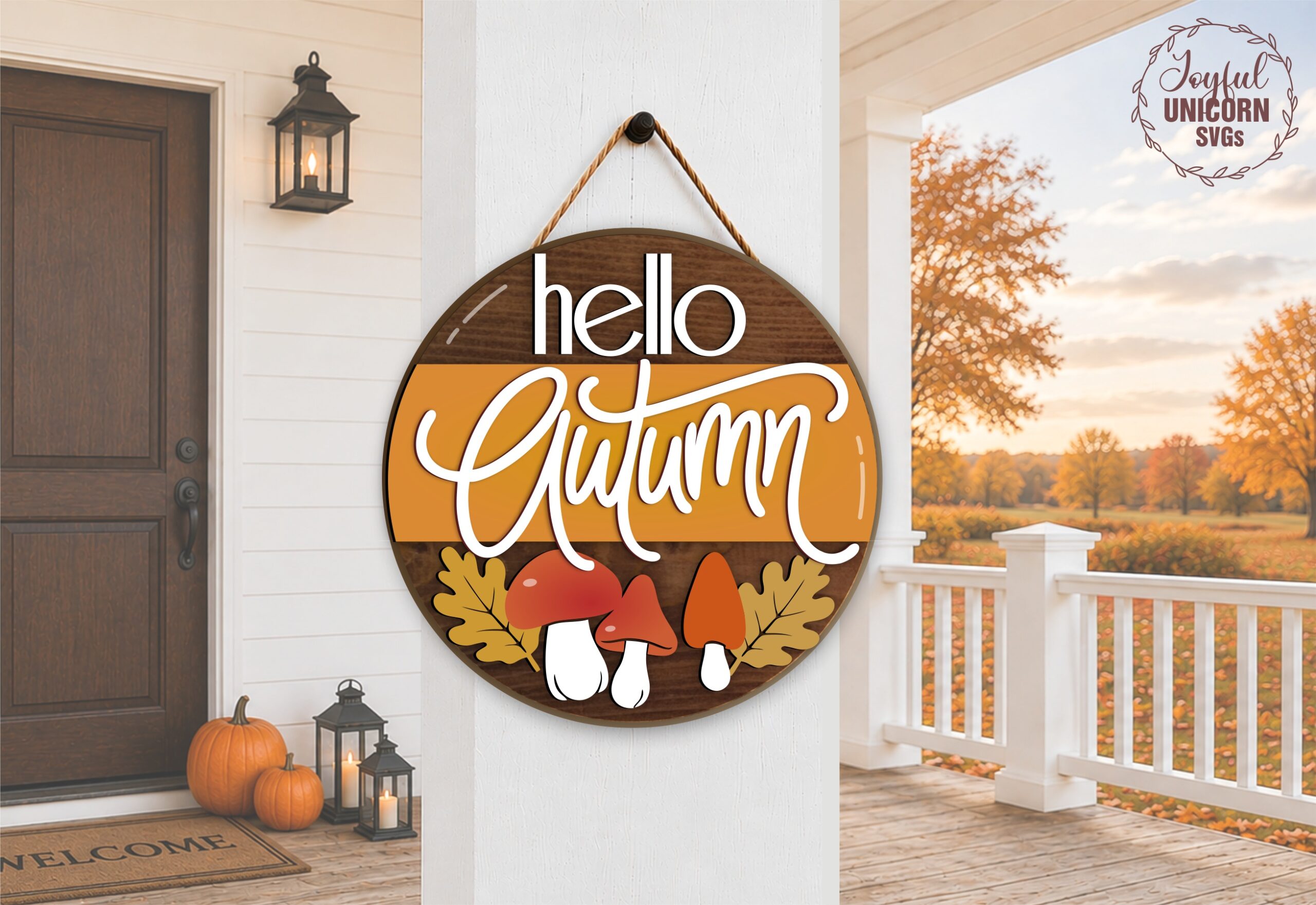 Hello Autumn Door Hanger SVG, Mushrooms Round Wood Sign, Fall Welcome Sign SVG, Glowforge Laser File, CNC File, Autumn Front Door Decor - Image 2