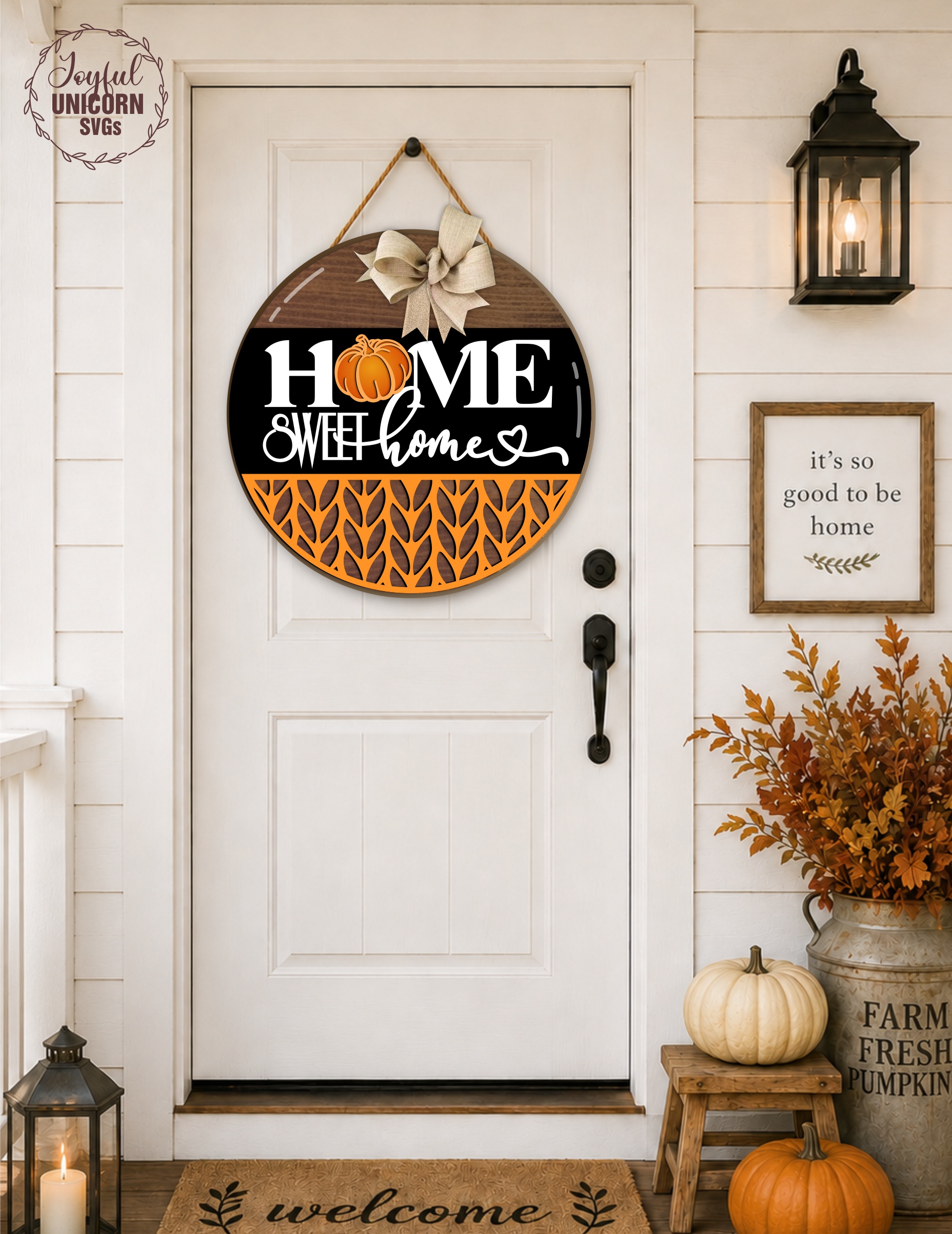 Home Sweet Home Autumn Round Sign SVG, Fall Pumpkin Laser Cut File, Knitted Pattern Wooden Sign SVG, Glowforge Laser File, CNC File - Image 3
