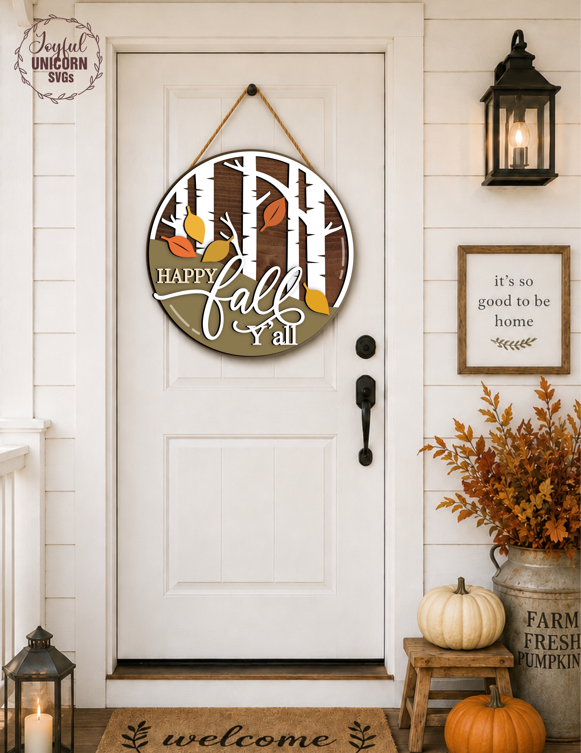 Happy Fall Y'all Door Hanger SVG, Autumn Round Sign, Laser Cut File for Glowforge, CNC, Birch Forest Porch Decor, Fall Wall Wooden Sign - Image 3
