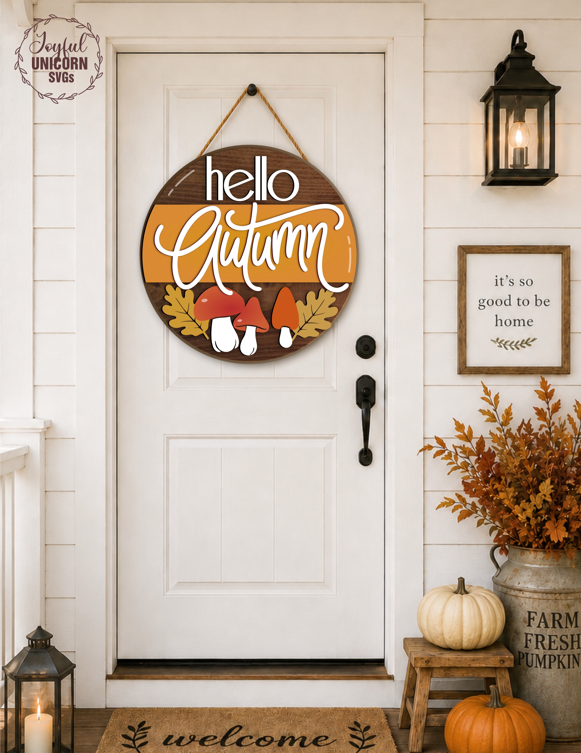 Hello Autumn Door Hanger SVG, Mushrooms Round Wood Sign, Fall Welcome Sign SVG, Glowforge Laser File, CNC File, Autumn Front Door Decor - Image 3
