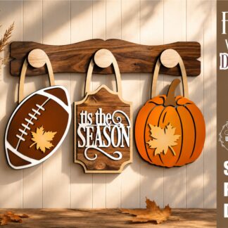 Fall interchangeable wall decor SVG with 'Tis the Season center sign, football and pumpkin hanging pieces, laser cut digital file for Glowforge, CNC machines and other lasers, wooden autumn wall decoration.