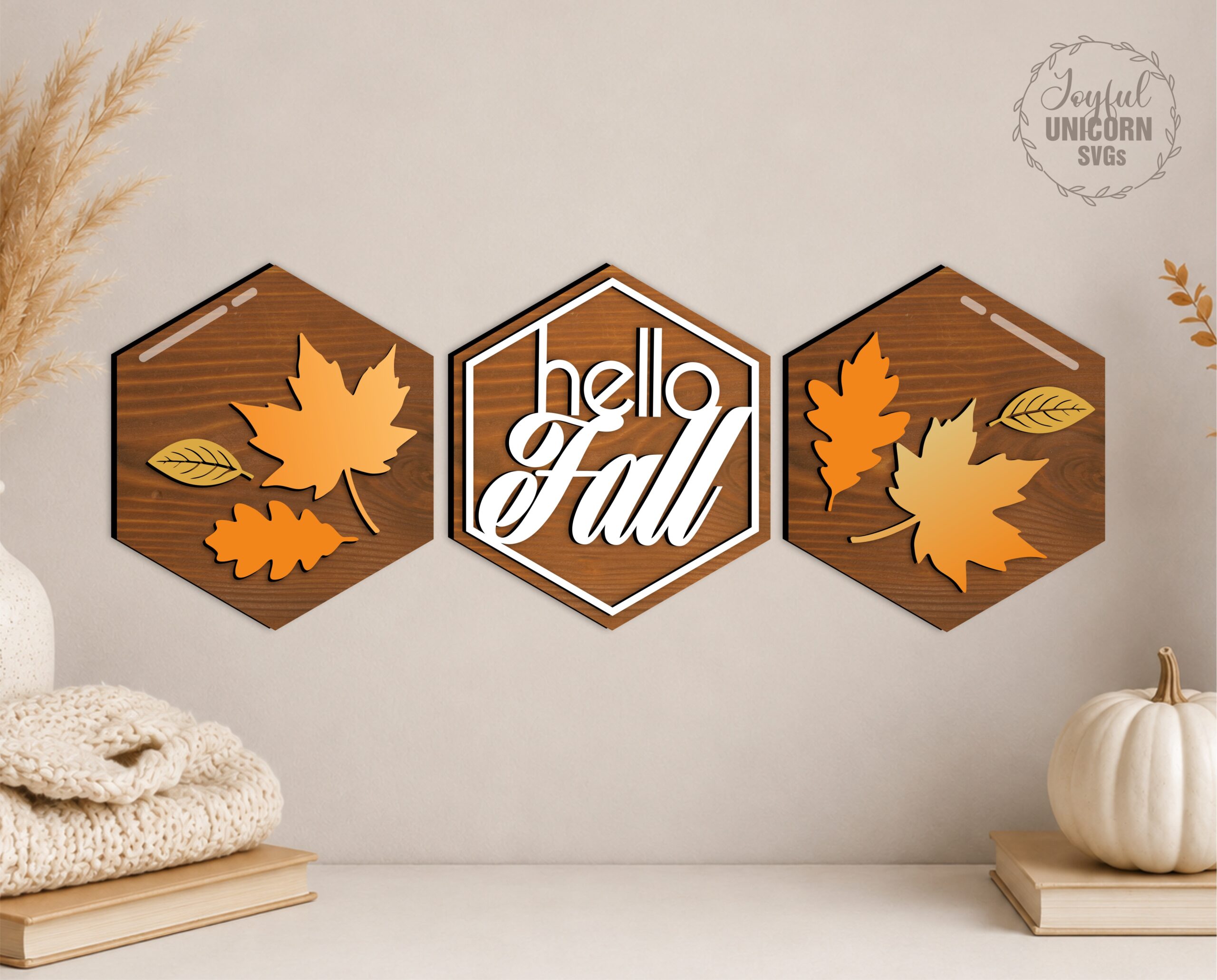 6 Fall Wall Signs Bundle SVG, Autumn Wooden Hanging , Tiered Tray Laser Cut File, Farmhouse Hexagon Shelf Decor, Glowforge, CNC File - Image 4