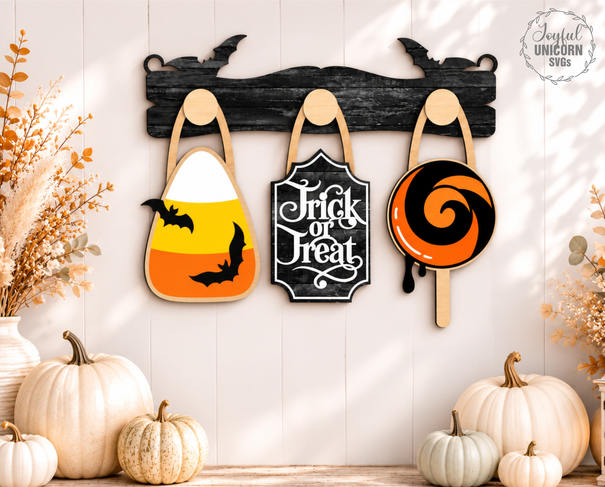 Halloween Interchangeable Wall Decor SVG, Trick or Treat Sign, Candy Corn Lollipop Wall Sign, Laser Cut File, Glowforge CNC Pattern - Image 2