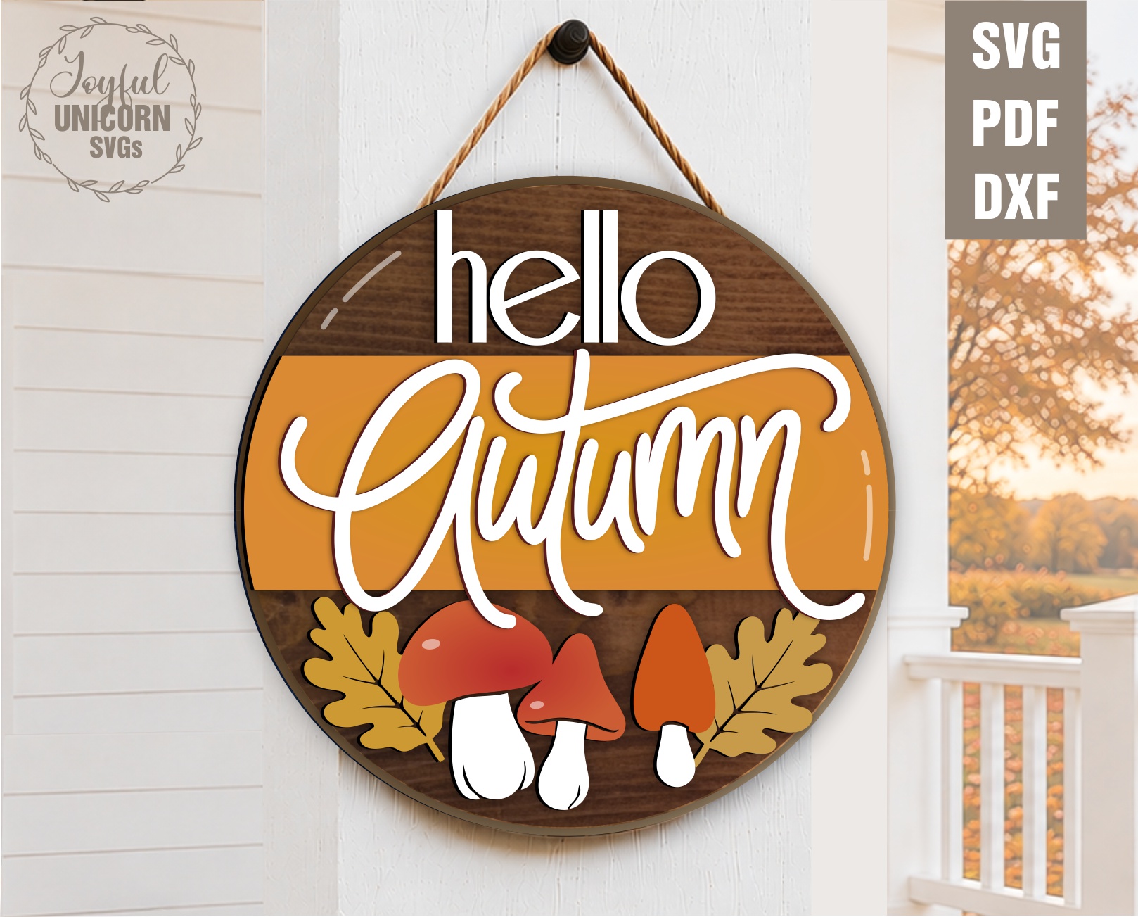 Hello Autumn round wood door sign SVG with mushrooms and fall leaves for Glowforge laser cutting