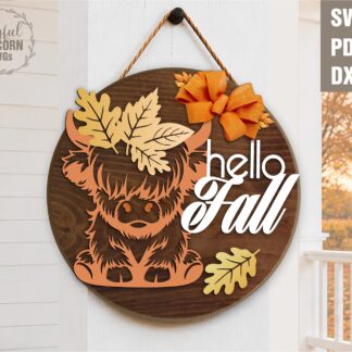 Hello Fall Highland Cow round wood sign SVG file with autumn leaves and bow for laser cutting