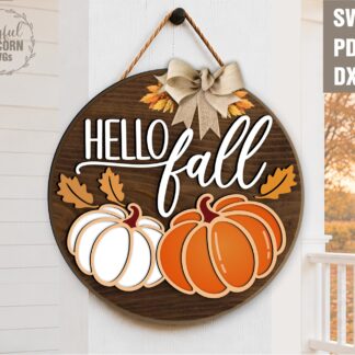 Hello Fall SVG laser cut round door hanger with two pumpkins and fall leaves, burlap bow, digital download for Glowforge xTool Cricut