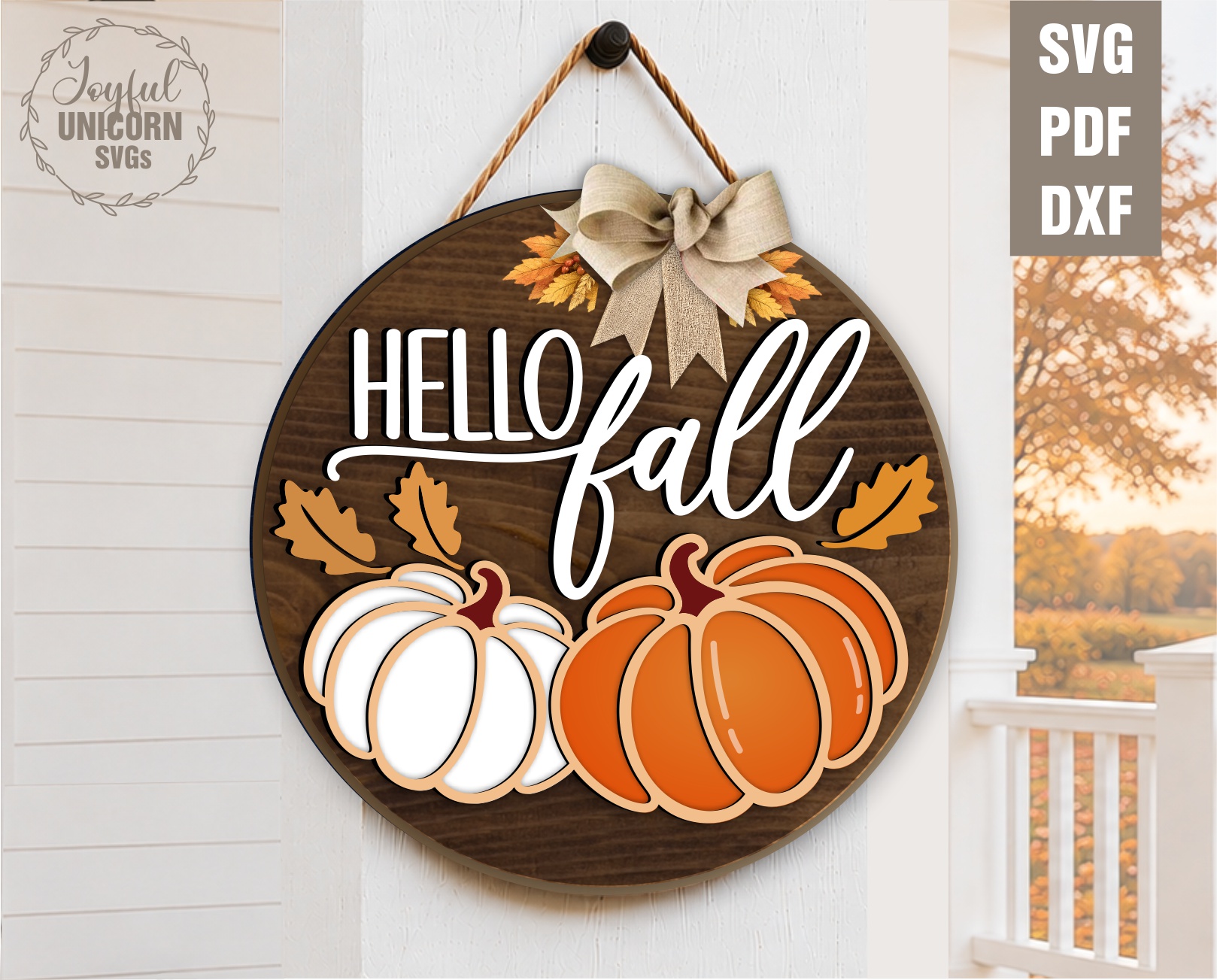 Hello Fall SVG laser cut round door hanger with two pumpkins and fall leaves, burlap bow, digital download for Glowforge xTool Cricut