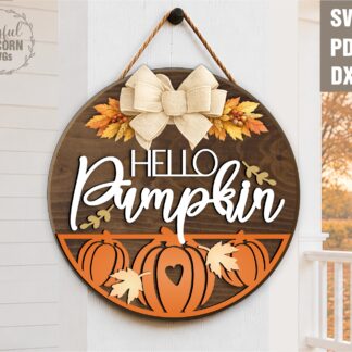 Hello Pumpkin SVG laser cut round door hanger with three pumpkins and orange bow, digital download for Glowforge xTool Cricut