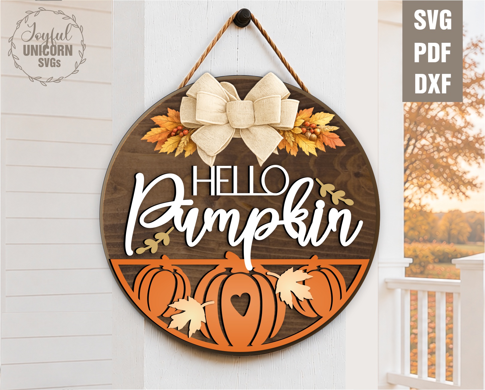 Hello Pumpkin SVG laser cut round door hanger with three pumpkins and orange bow, digital download for Glowforge xTool Cricut