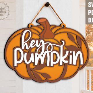 Hey Pumpkin layered wood door hanger SVG file with pumpkin design for Glowforge laser cutting