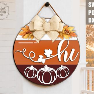 Hi Pumpkins SVG laser cut round door hanger with striped background, three pumpkin outlines and orange bow, digital download for Glowforge xTool Cricut