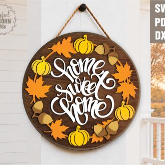 Home Sweet Home SVG laser cut round door sign with autumn leaves wreath, pumpkins and acorns, digital download for Glowforge xTool Cricut