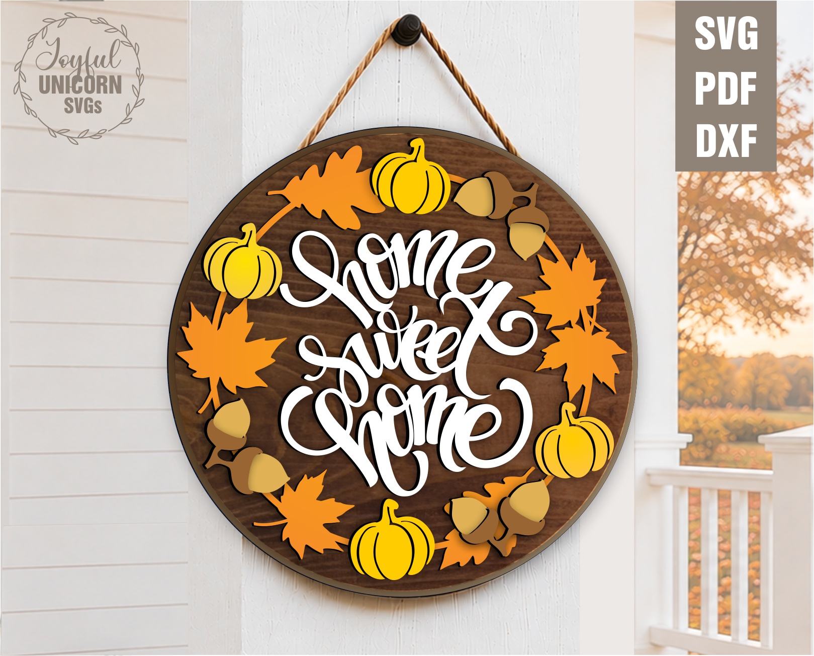 Home Sweet Home SVG laser cut round door sign with autumn leaves wreath, pumpkins and acorns, digital download for Glowforge xTool Cricut