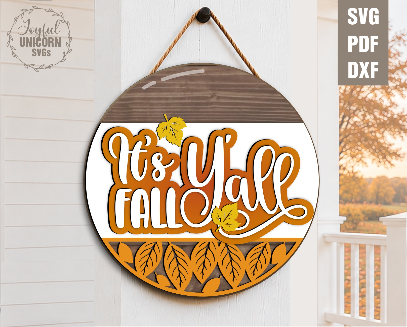 It's Fall Y'all round wood door hanger SVG with layered lettering and autumn leaves for Glowforge