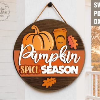 Pumpkin Spice Season round wood sign SVG with pumpkin coffee cup and fall leaf laser cut file