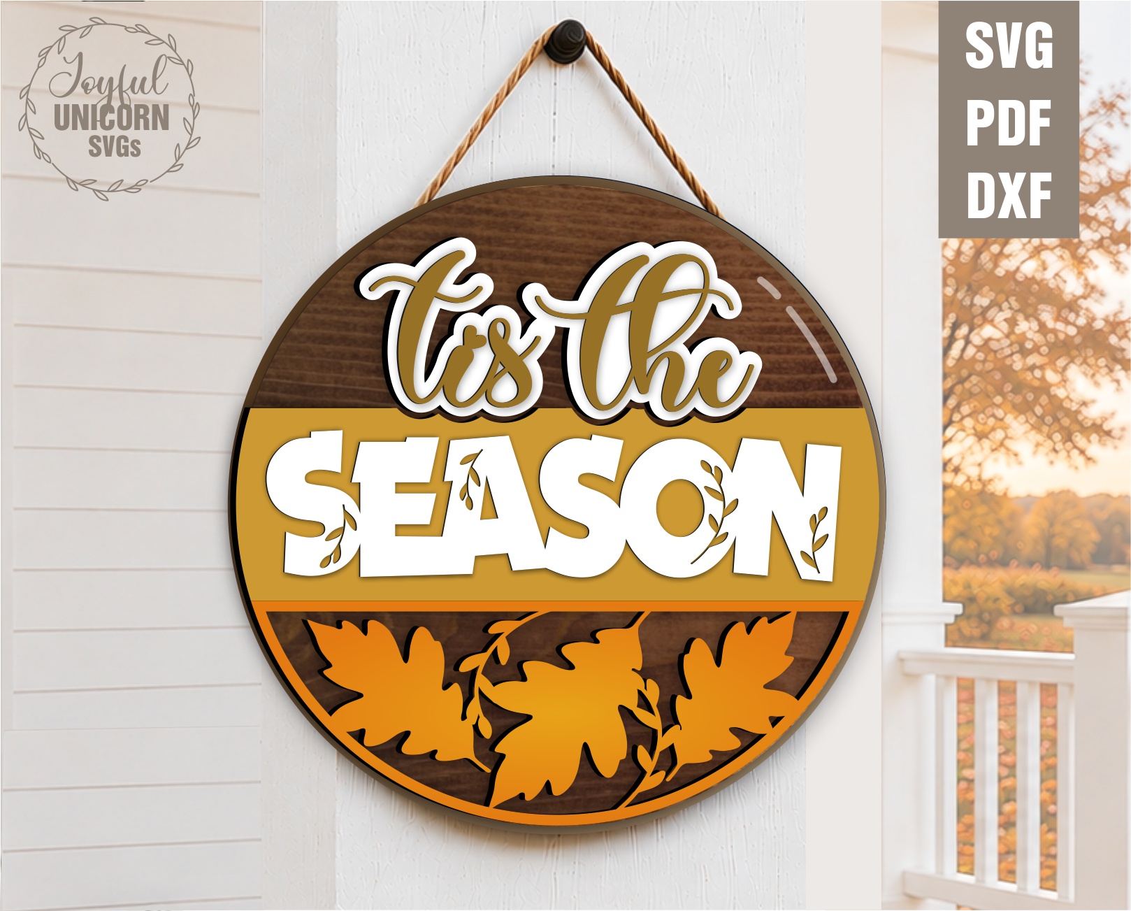 'Tis the Season round autumn door hanger SVG with layered lettering and fall leaves for laser cutting