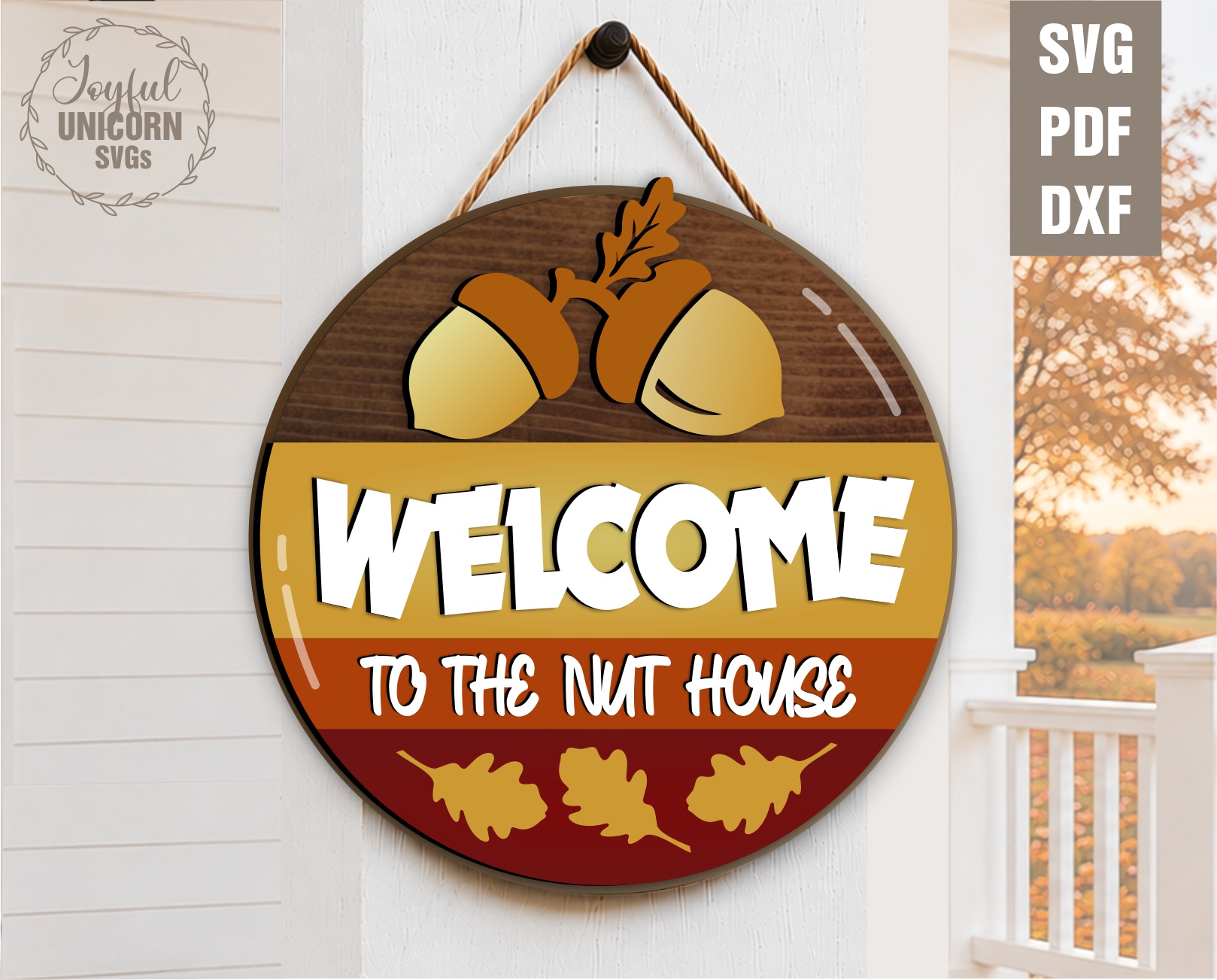 Welcome to the Nut House round fall door hanger SVG with acorns and autumn leaves for Glowforge laser cutting