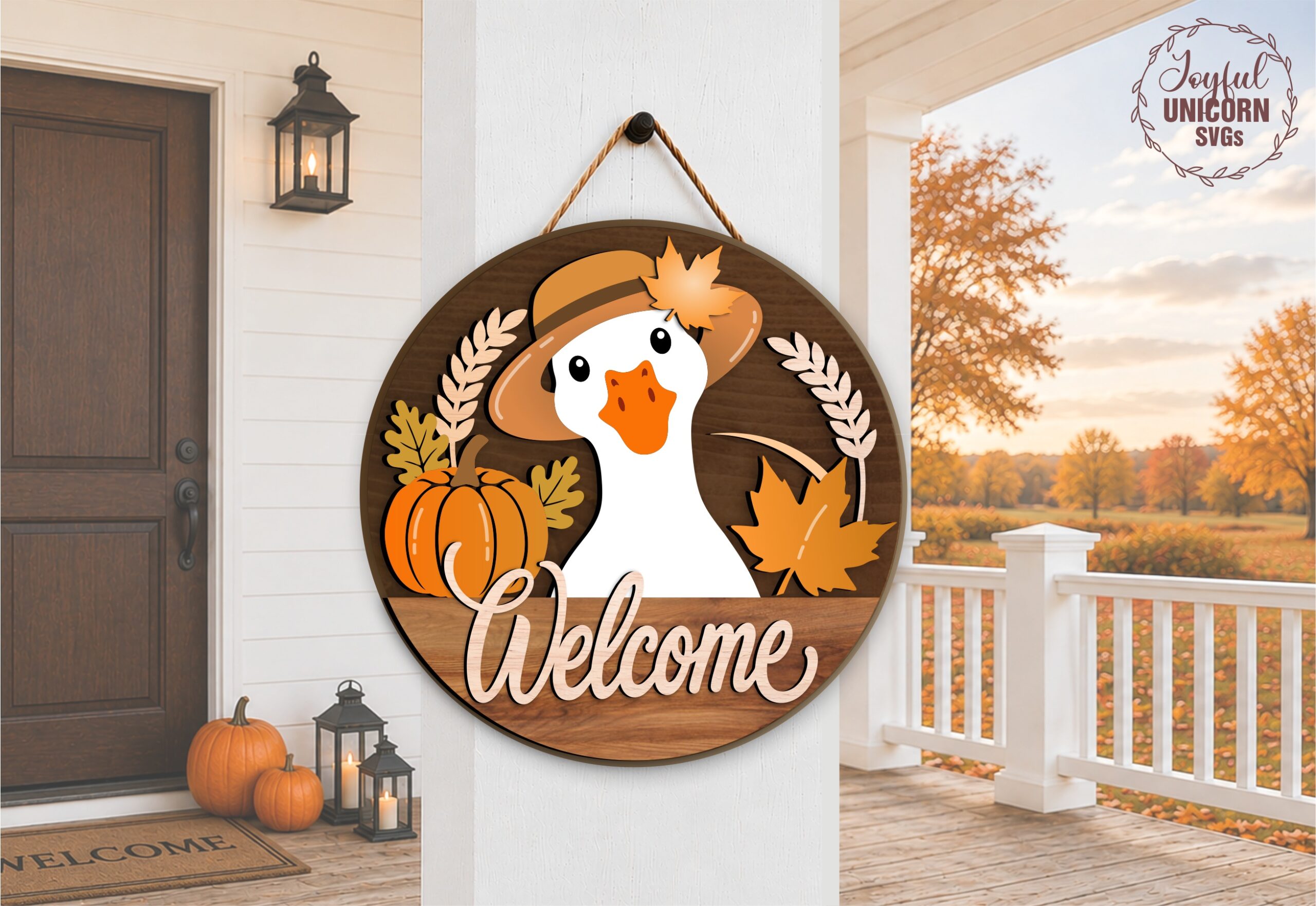Fall Goose Door Hanger SVG, Welcome Goose Sign SVG, Autumn Front Door Decor, Pumpkin, Wheat, Fall leaves Laser Cut File, Glowforge Wood Sign - Image 2