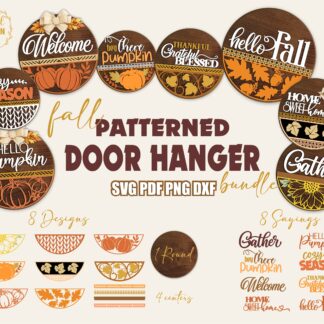 Fall patterned door hanger SVG bundle with pumpkin, sunflower, and autumn leaf round wood sign designs for laser cutting