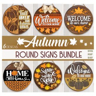 Autumn round sign SVG bundle with fall door hanger designs, Welcome Home, pumpkin wreath, and Home Sweet Home laser cut files