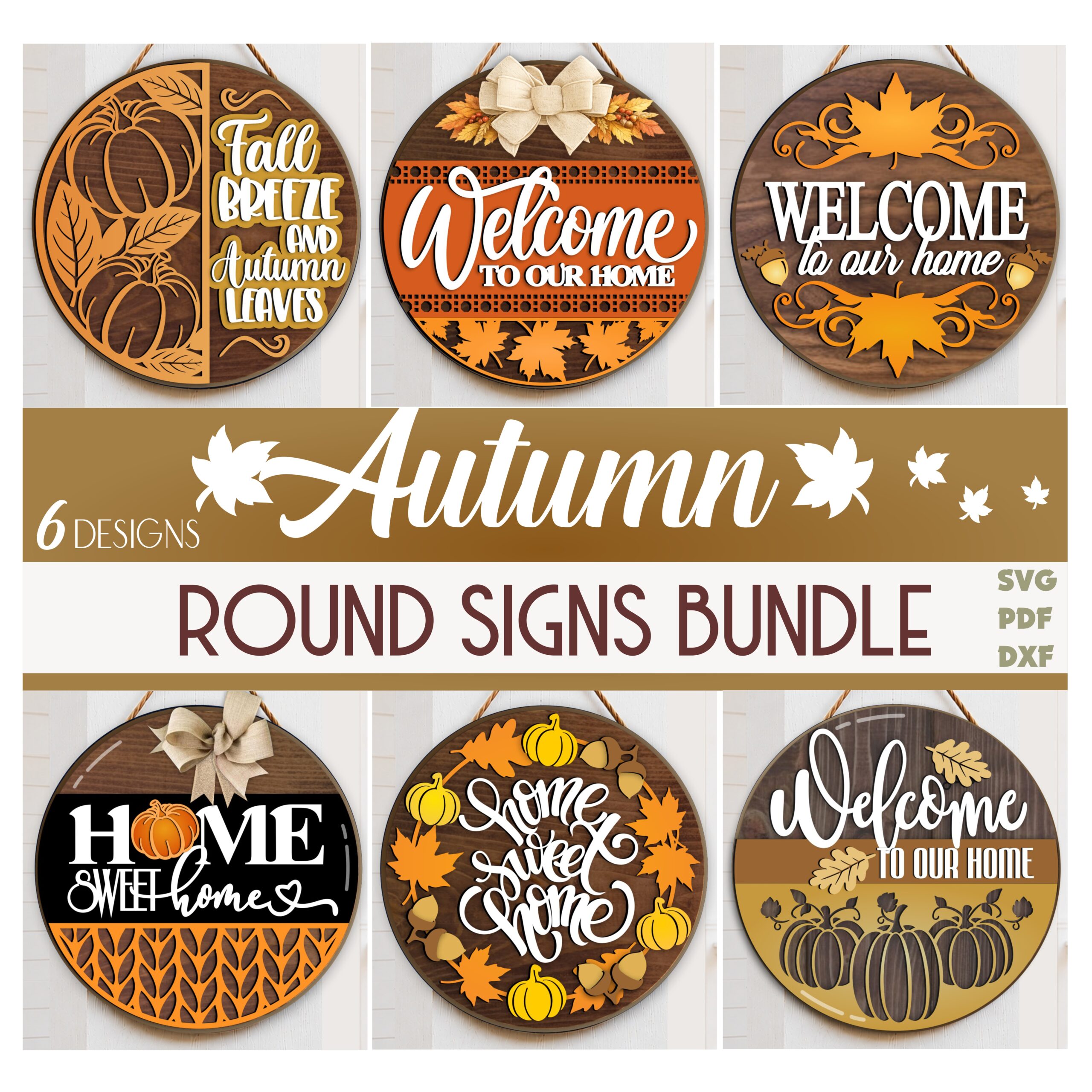 Autumn round sign SVG bundle with fall door hanger designs, Welcome Home, pumpkin wreath, and Home Sweet Home laser cut files