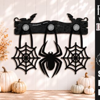 Interchangeable Halloween wall decor SVG with two spider webs and a hanging spider on wooden hooks attached to a decorative bat display bar, laser cut file for Glowforge, CNC machines, and other lasers.