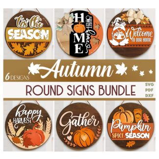 Autumn round sign SVG bundle with gnome, pumpkin, Gather, Happy Harvest, and Home Sweet Home laser cut door hanger designs