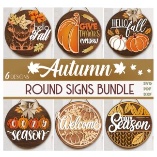 Autumn round sign SVG bundle with Highland cow, pumpkin, Give Thanks, Hello Fall, and Cozy Season laser cut door hanger designs