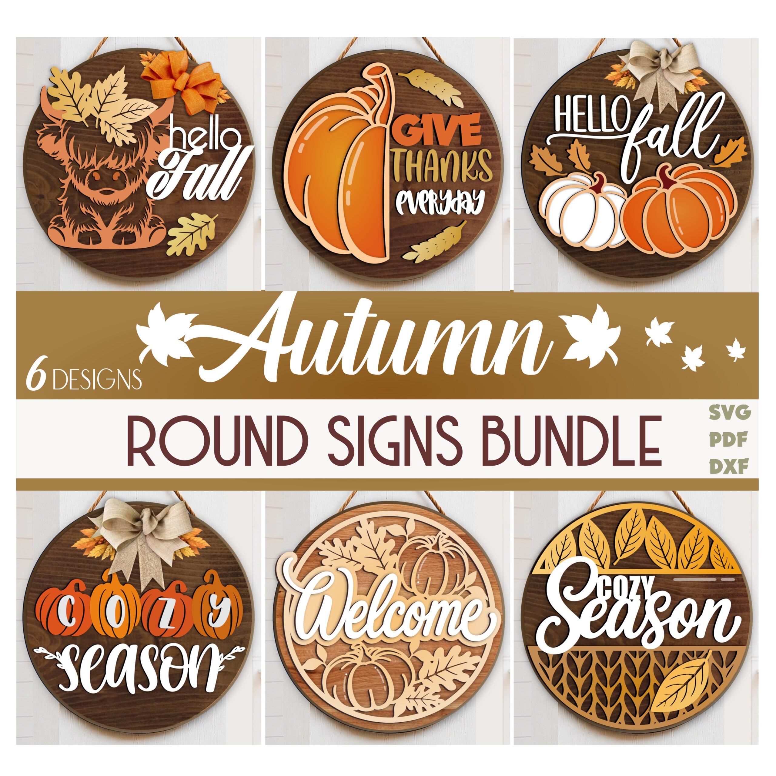 Autumn round sign SVG bundle with Highland cow, pumpkin, Give Thanks, Hello Fall, and Cozy Season laser cut door hanger designs