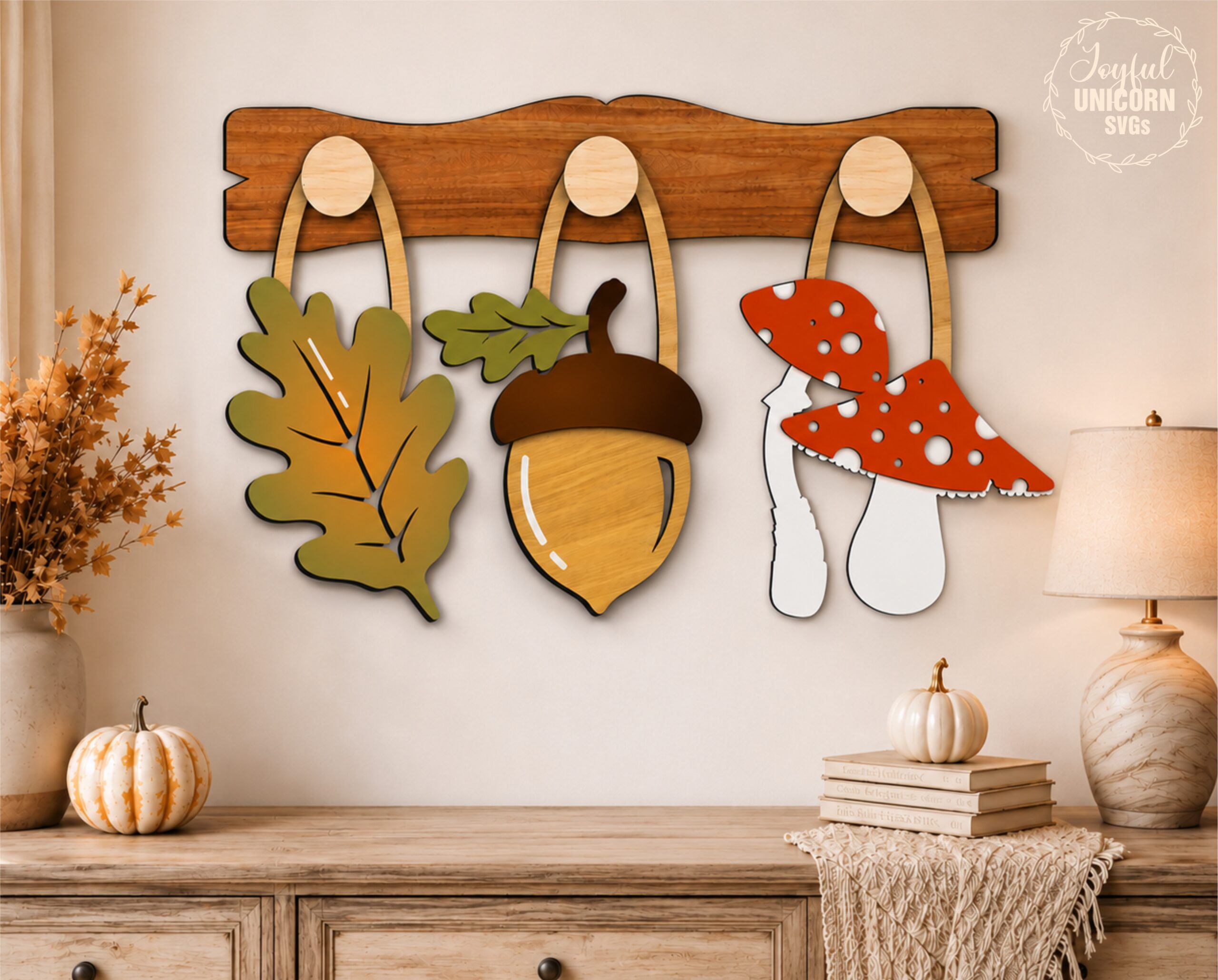 Interchangeable Fall Wall Decor SVG, Autumn Wall Peg Hanging Set of 3, Oak Leaf Acorn Mushroom SVG, Wooden Hook Display, Glowforge Laser File - Image 2