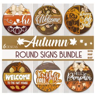 Autumn round sign SVG bundle with scarecrow, pumpkin, acorn, Welcome, and It's Fall Y'all laser cut door hanger designs
