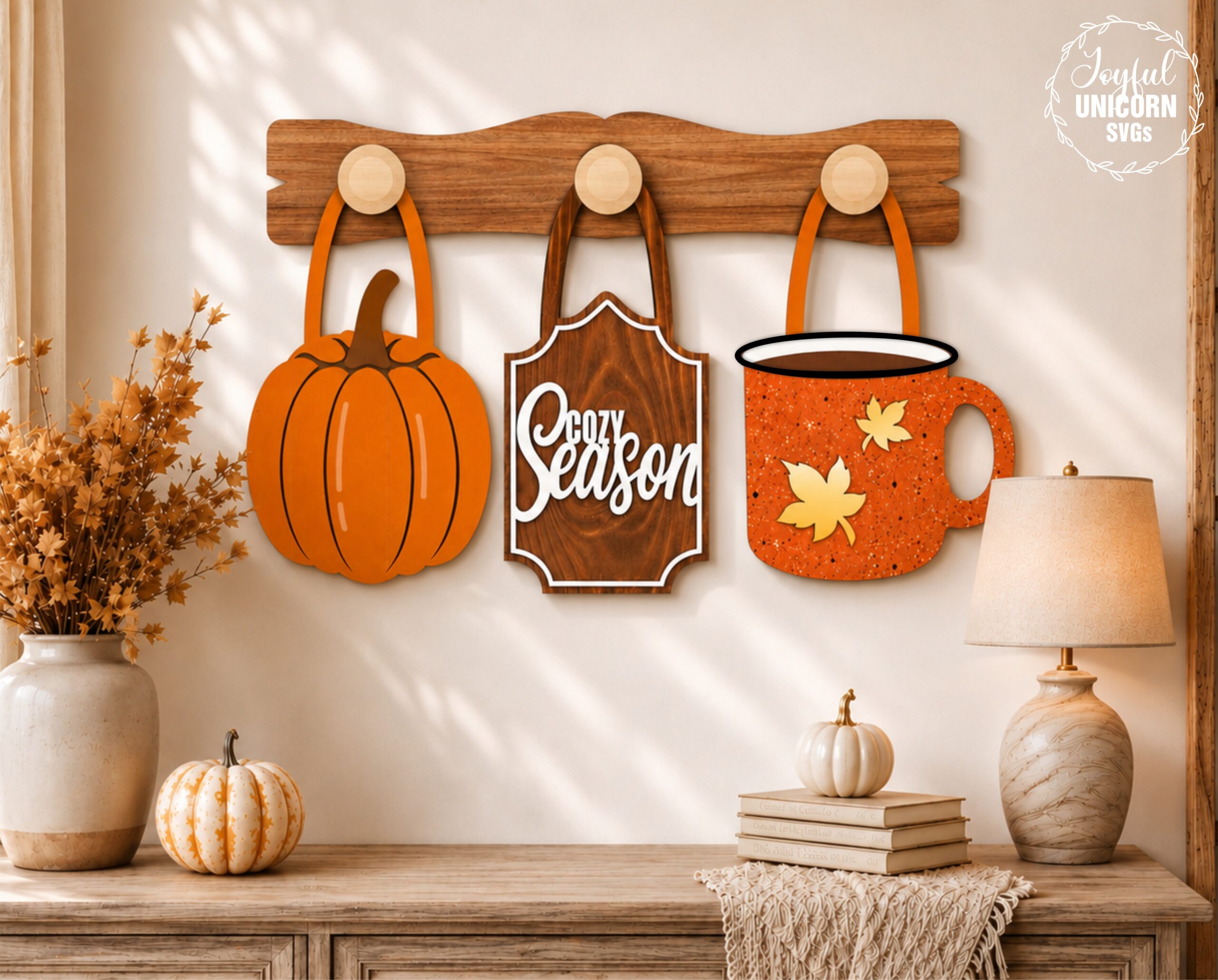 Interchangeable Wooden Fall Wall Decor SVG, Cozy Season Wall Peg Hanging Set of 3, Pumpkin Coffee Mug Autumn Decor, Glowforge Laser Cut File - Image 2