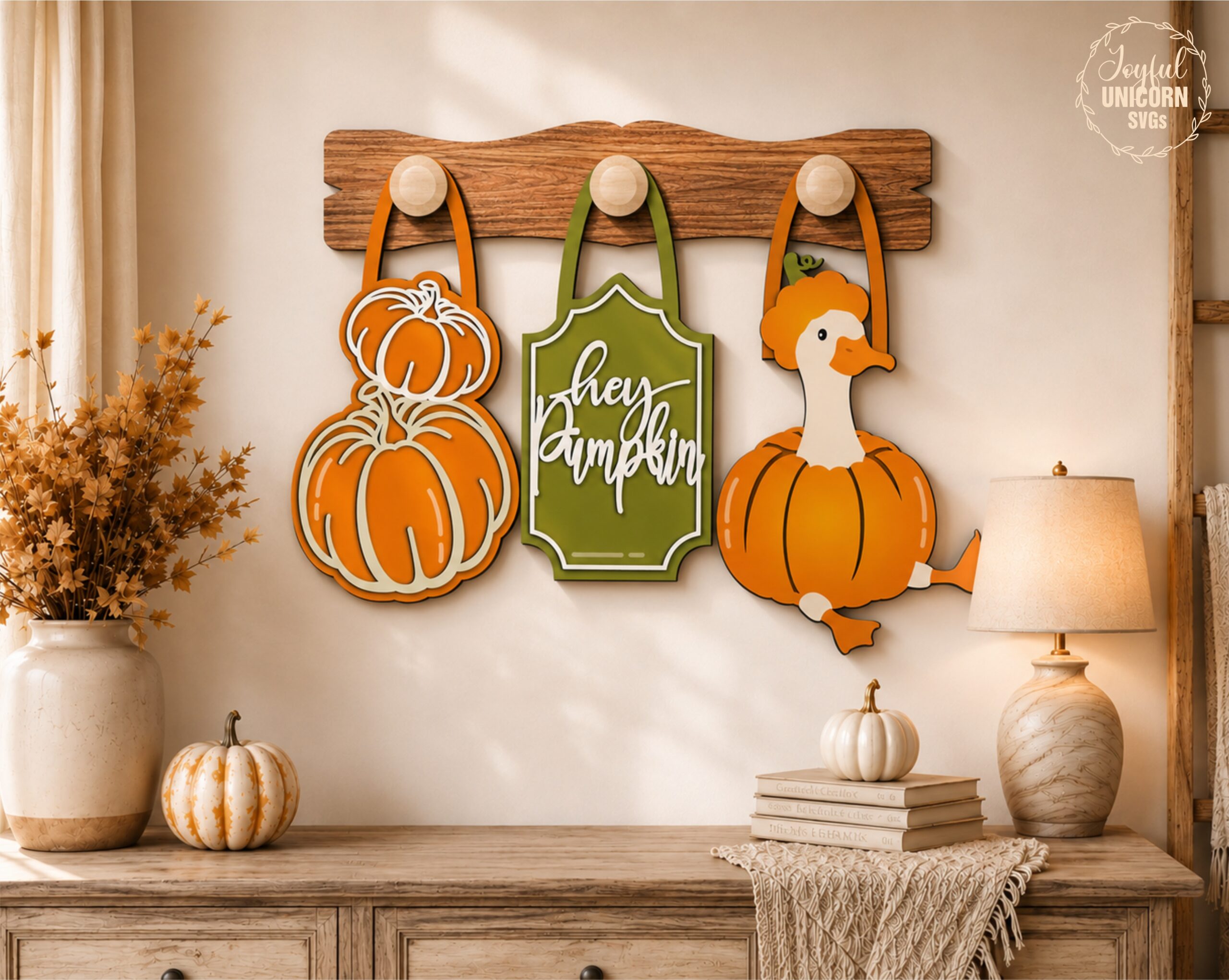 Interchangeable Fall Wall Decor SVG, Hey Pumpkin Wall Peg Hanging Set of 3, Pumpkin Goose Autumn Decor, Glowforge Laser Cut File - Image 2