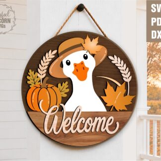 Fall goose welcome door hanger SVG featuring a white goose with a straw hat, pumpkin, autumn leaves, and Welcome sign, laser cut file for Glowforge, CNC machines, and other lasers.