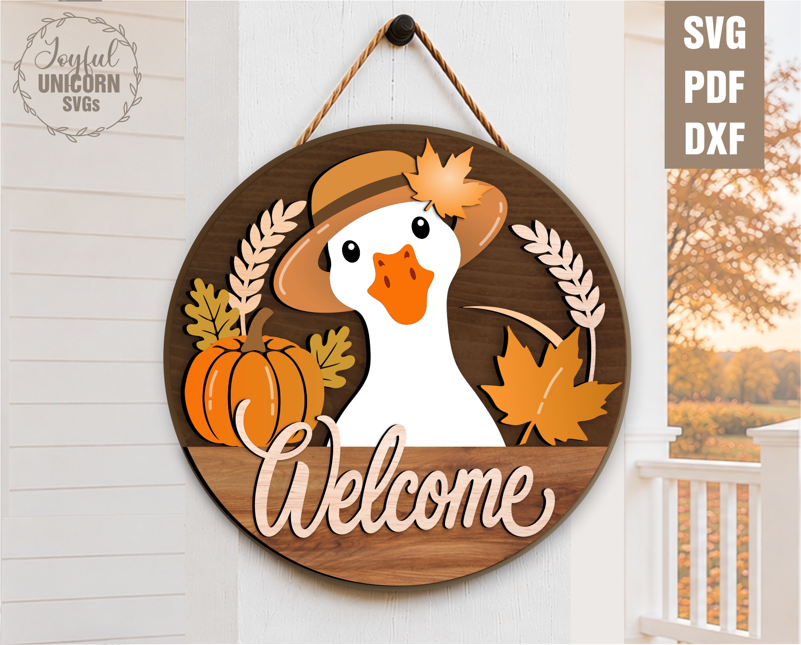 Fall goose welcome door hanger SVG featuring a white goose with a straw hat, pumpkin, autumn leaves, and Welcome sign, laser cut file for Glowforge, CNC machines, and other lasers.