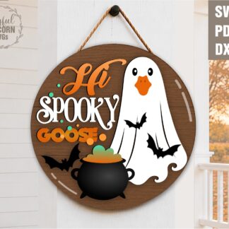 Halloween ghost goose door hanger SVG featuring a ghost goose, bubbling cauldron, flying bats, and Hi Spooky Goose text, laser cut file for Glowforge, CNC machines, and other lasers.