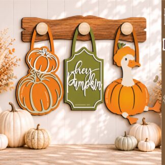 Interchangeable fall wall decor SVG featuring stacked pumpkins, a Hey Pumpkin sign, and a pumpkin goose hanging from wooden hooks on a decorative wooden display bar, laser cut file for Glowforge, CNC machines, and other lasers